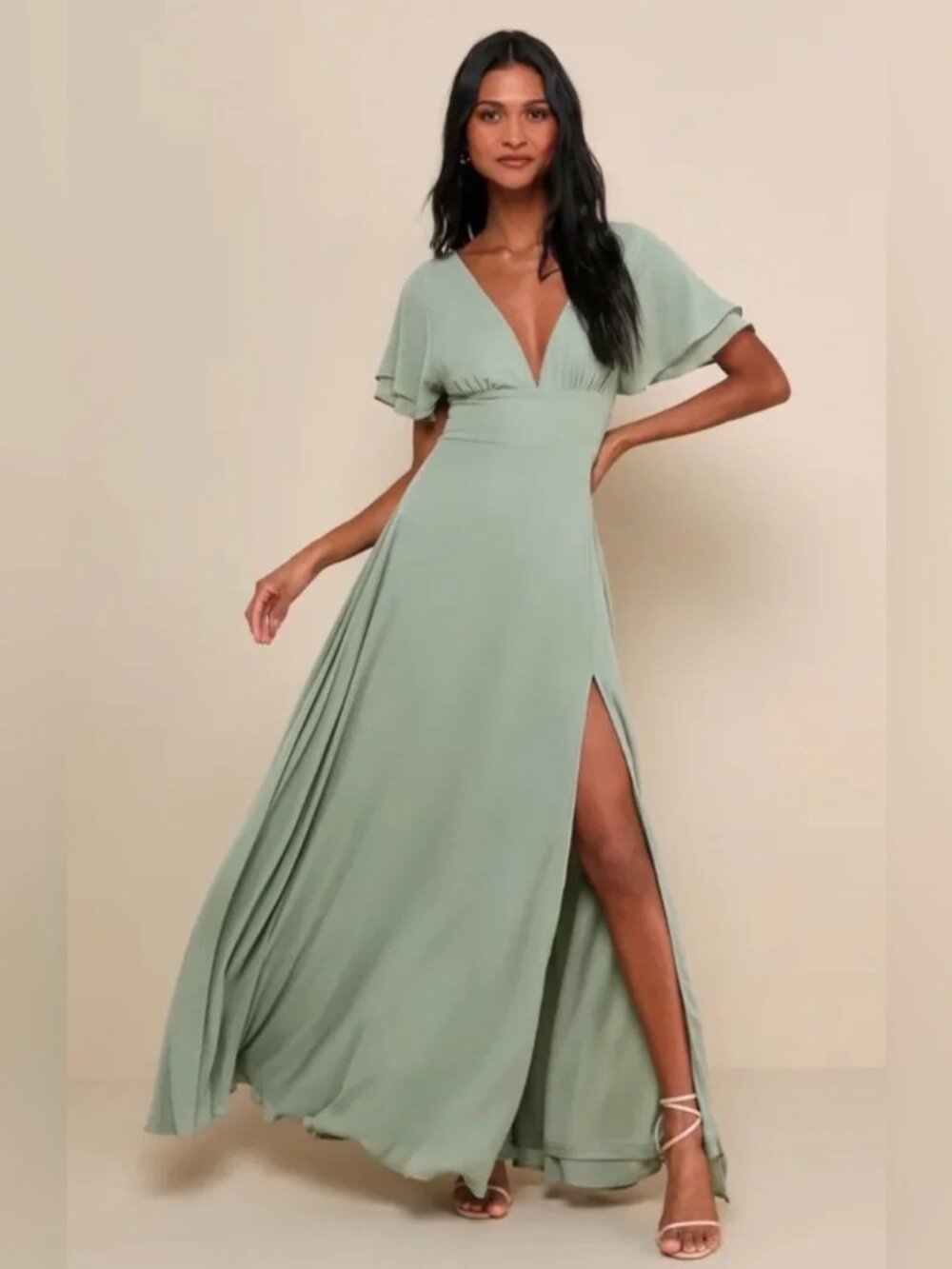 Lulus Promise Of Love Sage Brush Flutter Sleeve Maxi Dress XL NWT